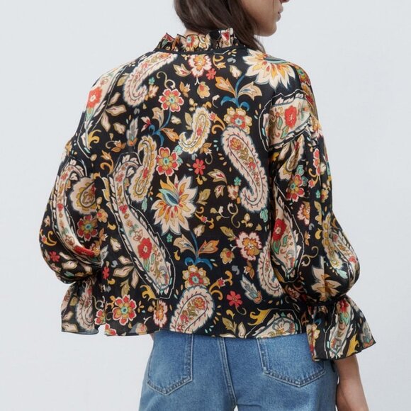NEW Zara Multicolored Paisley Print High Collar Bow Ruffle Long Sleeves Blouse L - Picture 3 of 10